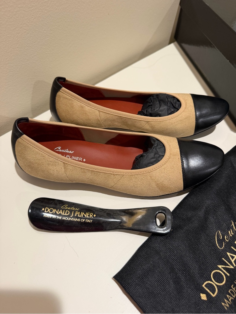 Donald J. Pliner Tan Suede Flats with Black Cap Toe